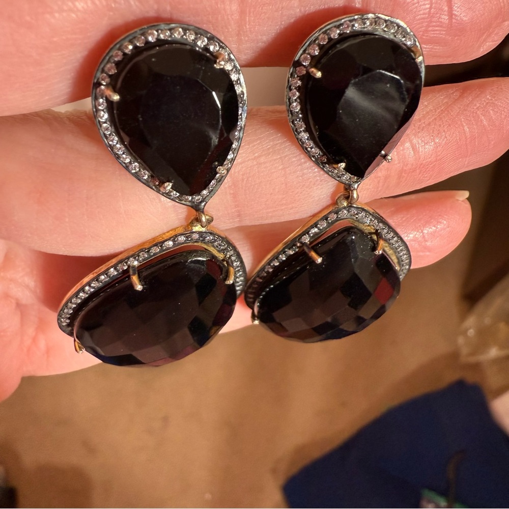 Sterling silver pear shape Black glass topaz halo oversized dangle earrings - Picture 7 of 15